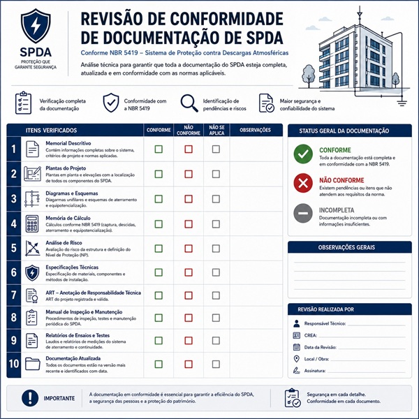 Revisão de conformidade de documentação de SPDA